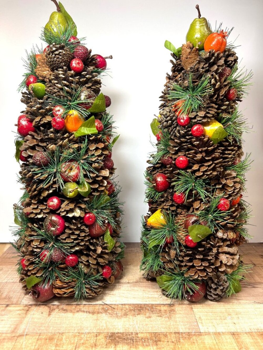 Holiday Centerpiece Pinecone & Faux Fruit Tree Glitter Accents Set Of 2 17.5'' T